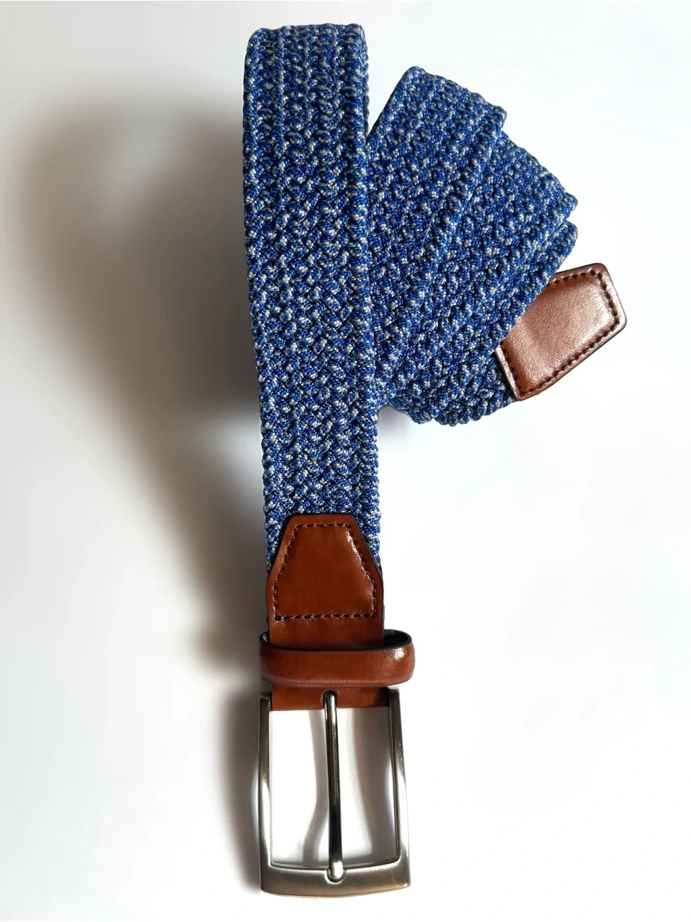Italian Leather Woven Braided Stretch Belt Blue Brown 40 Casual Golf